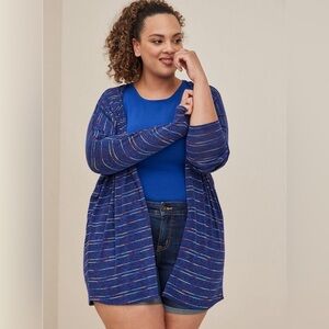 Torrid blue multi coloured stripe open front dolman sleeve cardigan sweater